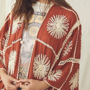 MOMO NY New York Free People Rust Copper Burnt Orange Crochet Kimono Duster OS